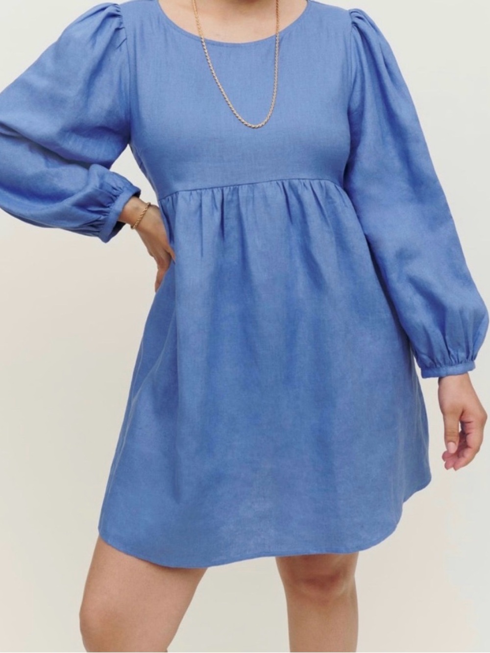Reformation Blue Casual Long-Sleeve Gathered-Waist Dress